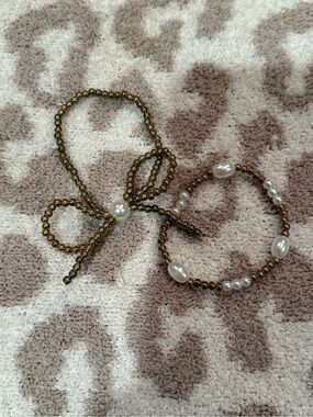 Gold Beaded Bow Bracelet Set with Pearl Accents
